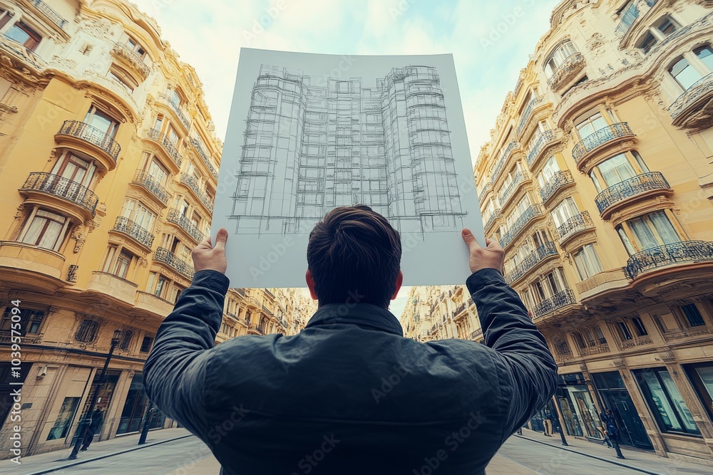 Poster person holding a large architectural blueprint while standing in front of an old european building r
