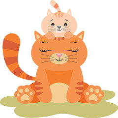 Cat mother with her baby on her head