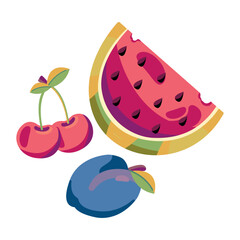 Flat vector illustration of a set of fruits, a piece of watermelon, cherry and plum. Illustration on a white isolated background.