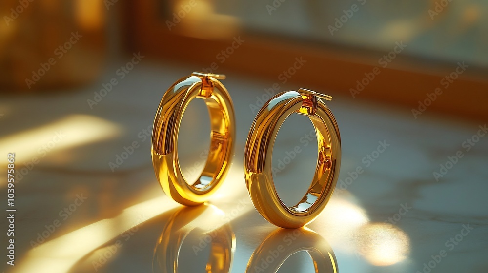 Poster geometric gold hoops sharp angles resting on a clean minimalistic surface showcasing a fusion of mod