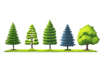 Fototapeta premium Stylized illustration of various tree species arranged in a row ideal for educational materials nature themed decor or landscape design projects