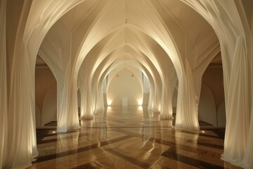 Obraz premium Arched hallway covered with white fabric reflecting light on a shiny floor