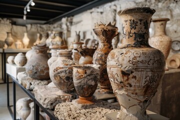 Collection of ancient greek pottery, featuring intricate designs and patterns, carefully arranged on display in a museum