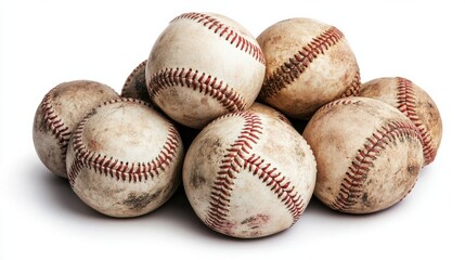 Group of baseballs stacked together, showing different angles of stitching, isolated on white background