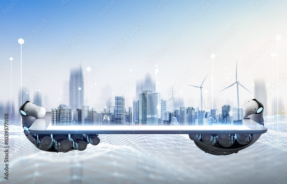 Poster ai robot in development city and digital network connection