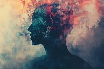 A surreal silhouette of a human figure with swirling clouds of red and blue, symbolizing the fusion of thoughts, emotions, and imagination in a dreamlike environment.