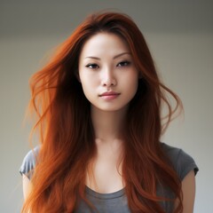 Naklejka premium Close-up portrait of a young woman with long red hair, calm expression, and natural beauty