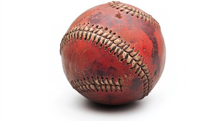 Worn baseball showing the effects of play, leather scuffed, and stitches slightly frayed, isolated on white background