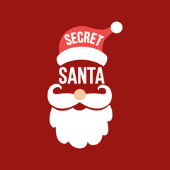 Secret Santa face card or sticker design. Vector flat illustration of Santa costume.