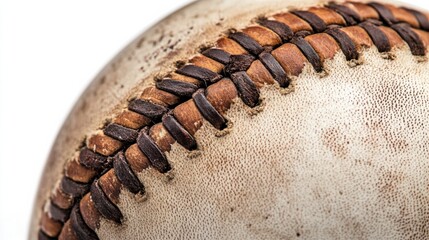 Worn-out baseball with faded stitching and leather scuffs, isolated on white background