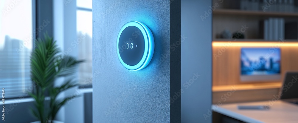 Poster smart home device with blue light, mounted on a wall, showing a digital display, with a blurry backg