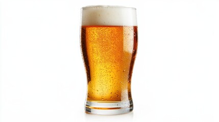 Classic pint glass of golden lager beer, light foam at the top, isolated on white background