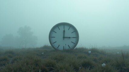 Mysterious Time: Clock Without Hands in Foggy Landscape