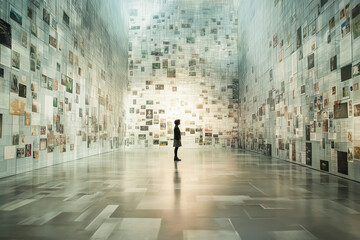 tiny computional images in a giant matrix and map technology infographic. the world connected concept.