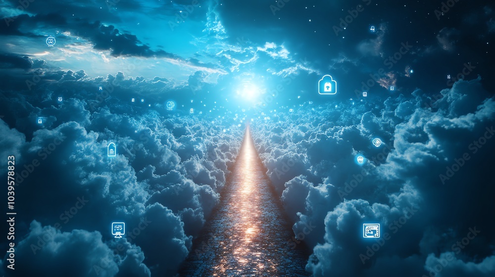 Poster A bright light shines through clouds with icons floating above a path leading into the light.