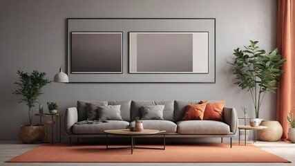 Minimalist Gray Living Room Interior with Kitchen and Two Poster Frames - 3D Rendering