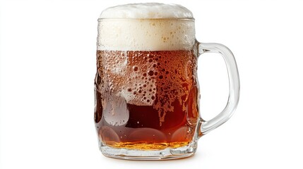 Frosty mug of beer with bubbles rising and foam resting on top, isolated on white background