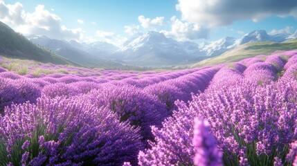 A vibrant lavender field with mountains in the background.