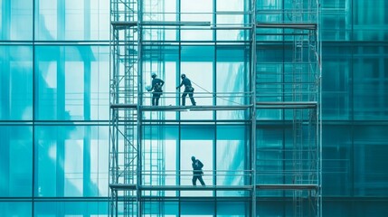 Workers collaborating on scaffolding to install windows in a high-rise building, highlighting teamwork in construction.