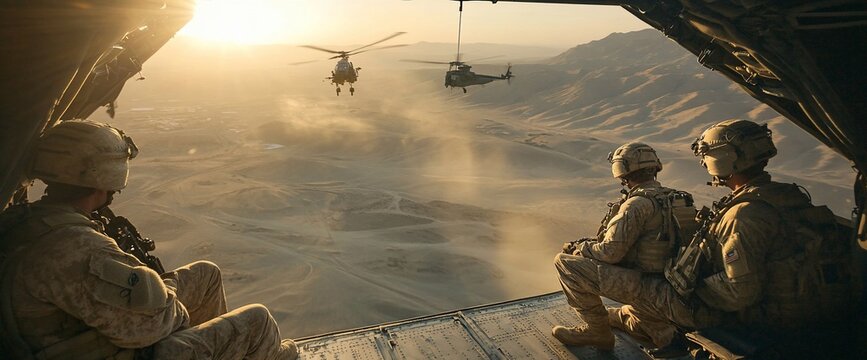 Three soldiers sitting on the ramp of a helicopter, looking out at two other helicopters flying in the distance over a desert landscape.