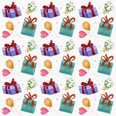 Seamless pattern of gift boxes, white bouquet flower and balloon on white textured paper background illustration. Elegant color painting for print and wrapping.