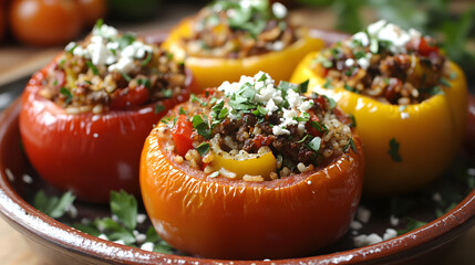 An inviting dish of Gemista, oven-baked bell peppers and tomatoes stuffed with a flavorful mixture of rice, herbs, and minced meat, topped with a sprinkle of feta cheese