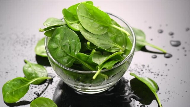 Spinach in a transparent glass bowl on gray background with reflection. Heap of Baby spinach fresh leaves close up with water drops, Healthy vegan food, diet, dieting, vitamin concept, rotation