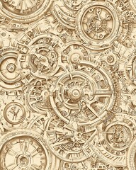 Intriguing steampunk mechanism seamless pattern, gears and clockwork in sepia tones
