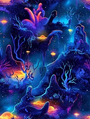 Otherworldly alien landscape seamless pattern, bizarre flora and atmospheric mists