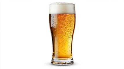 Tall pilsner glass of golden beer with a thick layer of foam, isolated on white background