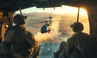 Two soldiers in a helicopter looking out at another helicopter taking off in the desert at sunset.