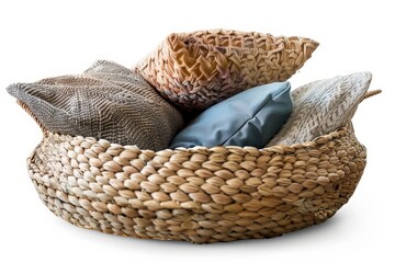 Obraz premium Wicker Basket with Pillows Isolated On White Background