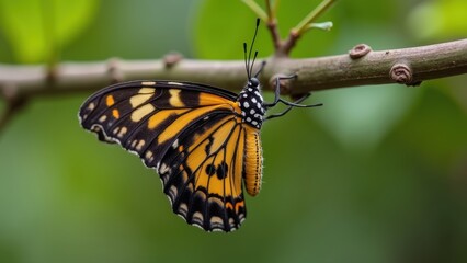 Obraz premium Breathtaking Monarch Butterfly Resting Gracefully on a Branch Amidst Green Leaves