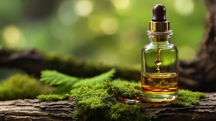 Natural Organic Spa Cosmetics - Brown Glass Dropper Bottle on Mossy Bark