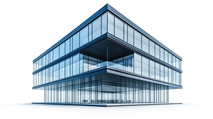 Contemporary office building with large glass windows and bold architectural lines, isolated on white background