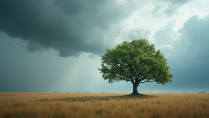 Solitary Tree in Field Under Stormy Skies: Nature's Resilience