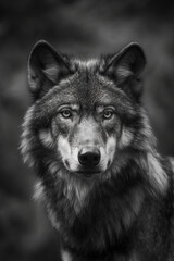 Fototapeta premium Black and white portrait of a wolf staring forward
