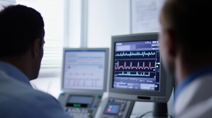 A cardiologist reviewing an ECG result with a patient in a well-equipped examination room, with an ECG machine and heart health charts visible, Analytical style