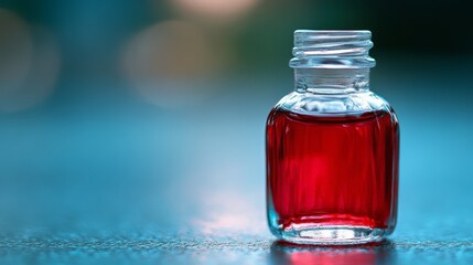  A glass bottle, filled with red liquid, rests atop a blue table against a backdrop of blue and green hues