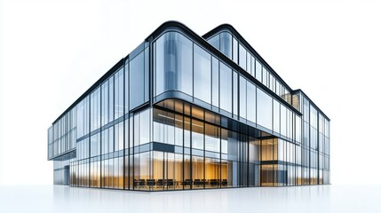 Fototapeta premium Contemporary office complex with modular glass design and reflective windows, isolated on white background