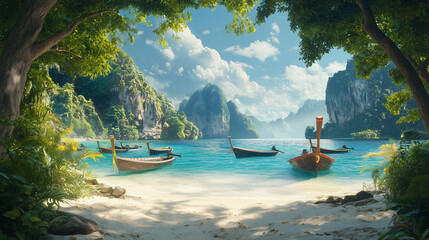View of a beach with boats and a mountain in the background.