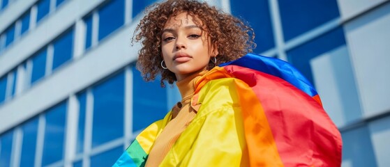 A young person proudly showcases a rainbow flag, symbolizing tolerance and diversity against a backdrop of modern urban architecture
