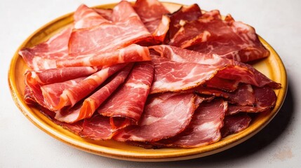 Delicious assortment of cured meats on a decorative plate, appetizing presentation.