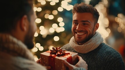 man giving new year gift to another man against the background of bright lights. winter holiday and christmas