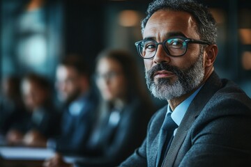 Fototapeta premium Businessman sharing his ideas in meeting, Generative AI