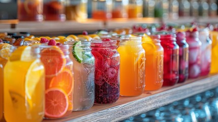 A Vibrant Display of Refreshing Beverages in Mason Jars Filled with Fresh Fruits and Bubbles