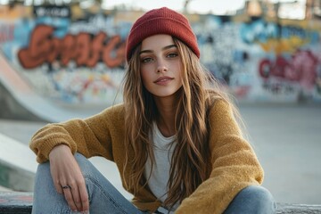 Beautiful skateboarder sitting at skate park, Generative AI