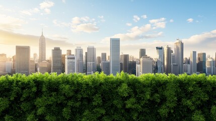 Fototapeta premium Urban Oasis: Lush greenery frames a vibrant cityscape bathed in the golden light of sunrise, symbolizing the harmonious coexistence of nature and urban development.