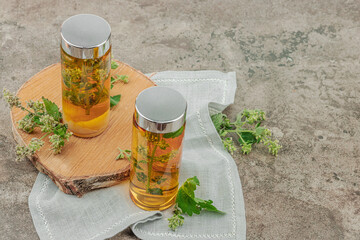 Kombucha Lemon balm beverage. Trendy natural product, healthy lifestyle. Organic probiotic drink