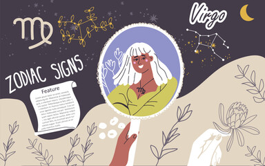 Collage, background, zodiac sign Virgo. Modern stylish female character, avatar of astrological horoscope. Girl astrologer, trendy style. Flat hand drawn graphic vector illustration.